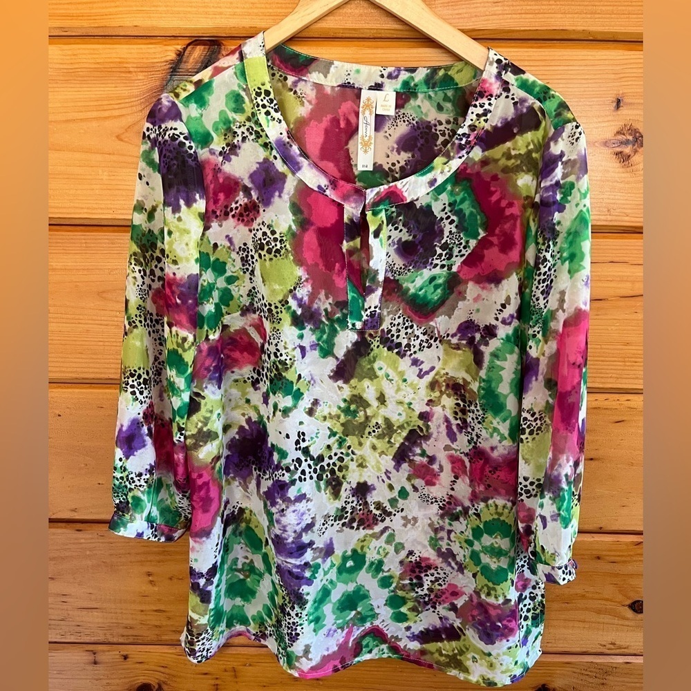 Sheer Multi Floral Blouse Round Open Neck Hook & Eye Closure 3/4 Sleeve By Adiva